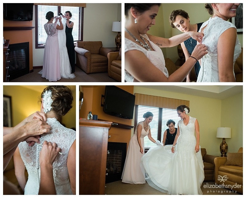 Bride puts on her gown